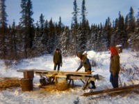 1960s Gary, Oliver and Dorene sawing lumber at our sawmill.