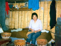 1966? Clara Lee making birch bark baskets, Ambler
