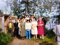 1969 Lorene's birthday party. Back center and to the right across back row: Stanley Johnson, Cora Cleveland, Lillian Johnson, Lydia Douglas. A short woman, Evelyn Barr, Minnie Gray, Oliver, Shield Downey.  L to right front: Gerald, Jacob Johnson, Marc Cleveland, Edna Griest, Dora Johnson, Olive Cleveland, Catherine Cleveland, Marie Wood, Lorene, Gladys Downey