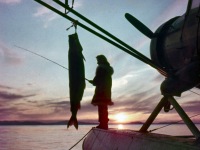 Woman fishing from the float of a small plane. Kotzebue.