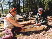 Oliver Cameron with friend, building raft, Norway